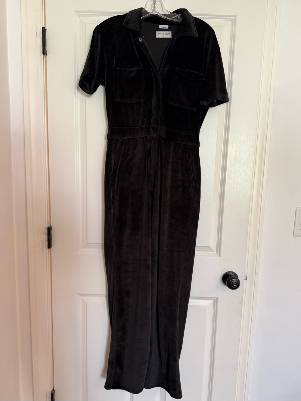 Rivet Utility Black Velvet Short Sleeve Jumpsuit